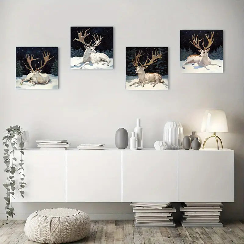 4pcs Majestic Deer With Large Antlers In Snowy Wall Art Canvas Framed