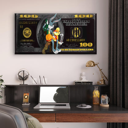 Rich Cartoon Rabbit Money Print Wall Art Canvas Office Home Room Framed 120x60cm