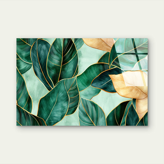 Tropical Green Gold Banana Leaf Acrylic Glass Printing Wall Art Australian Made Quality