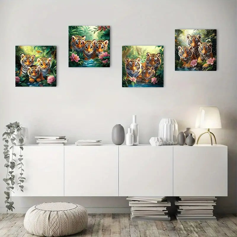 4pcs Tiger Family In Serene Nature Scen Wall Art Canvas Framed
