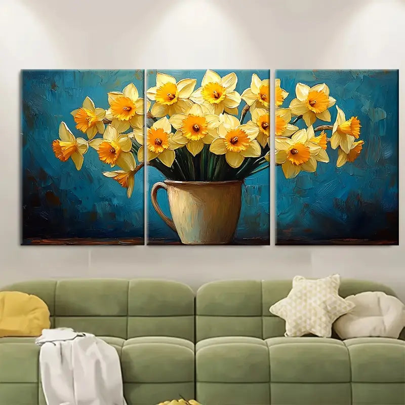 3pcs Yellow Daffodil Still Life Painting Wall Art Set Canvas Framed 40x60cm - High Quality Print 100% Australian Made Wall Canvas Ready to Hang