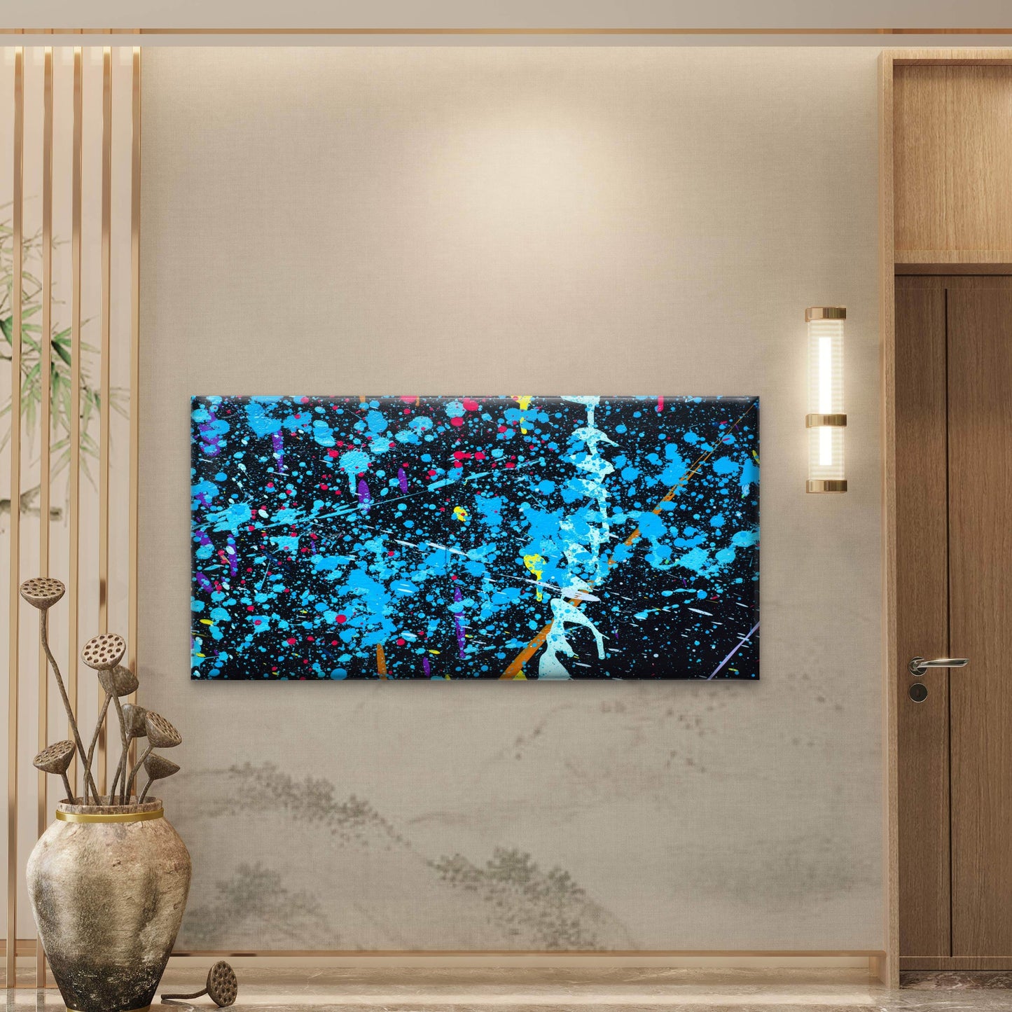 Blue Paint Splash Background Wall Art Canvas Office Home Room Framed 120x60cm - Bella Home Decor