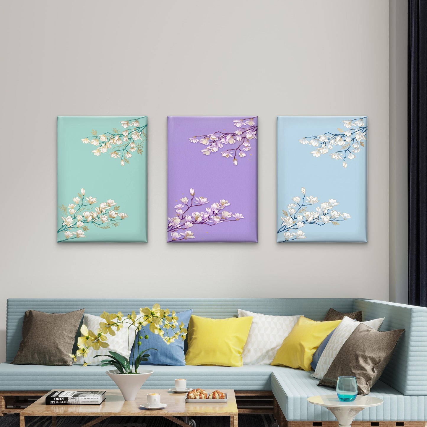 3pcs Golden Line Magnolia Plum Blossom Flower  Wall Art Set Canvas Framed 40x60cm - High Quality Print 100% Australian Made Wall Canvas Ready to Hang
