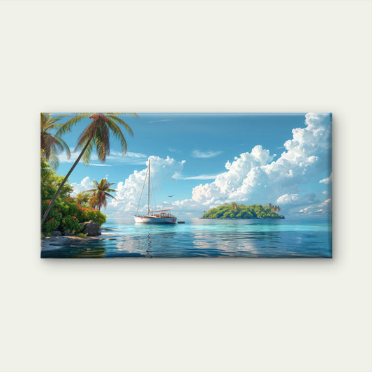 Tropical Island Sailboat Trees Wall Art Canvas Office Home Room Framed 120x60cm