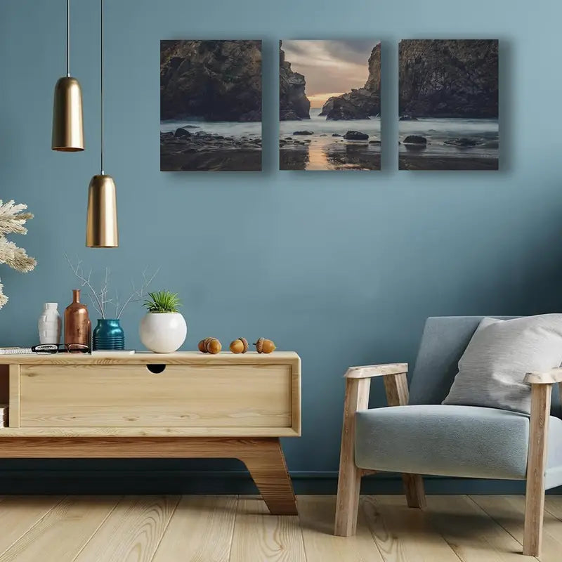 3pcs Mountain & Lake Landscape With Sunset Metal Print Ready to Hang Art