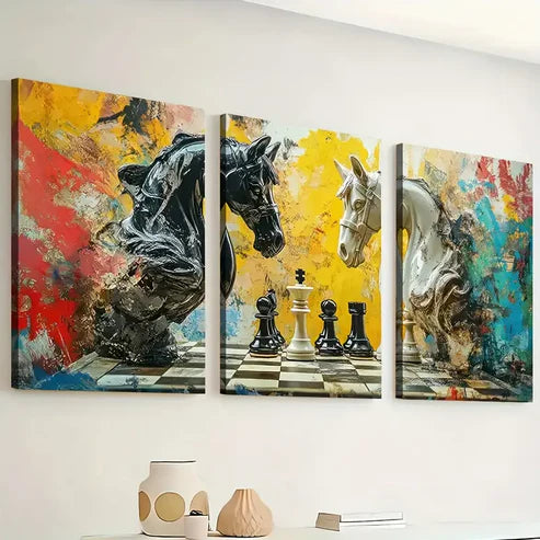 3pcs Modern Fashion Art Style Chess Knight Art Wall Art Set Canvas Unframed - High Quality Print 100% Australian Made Wall Canvas