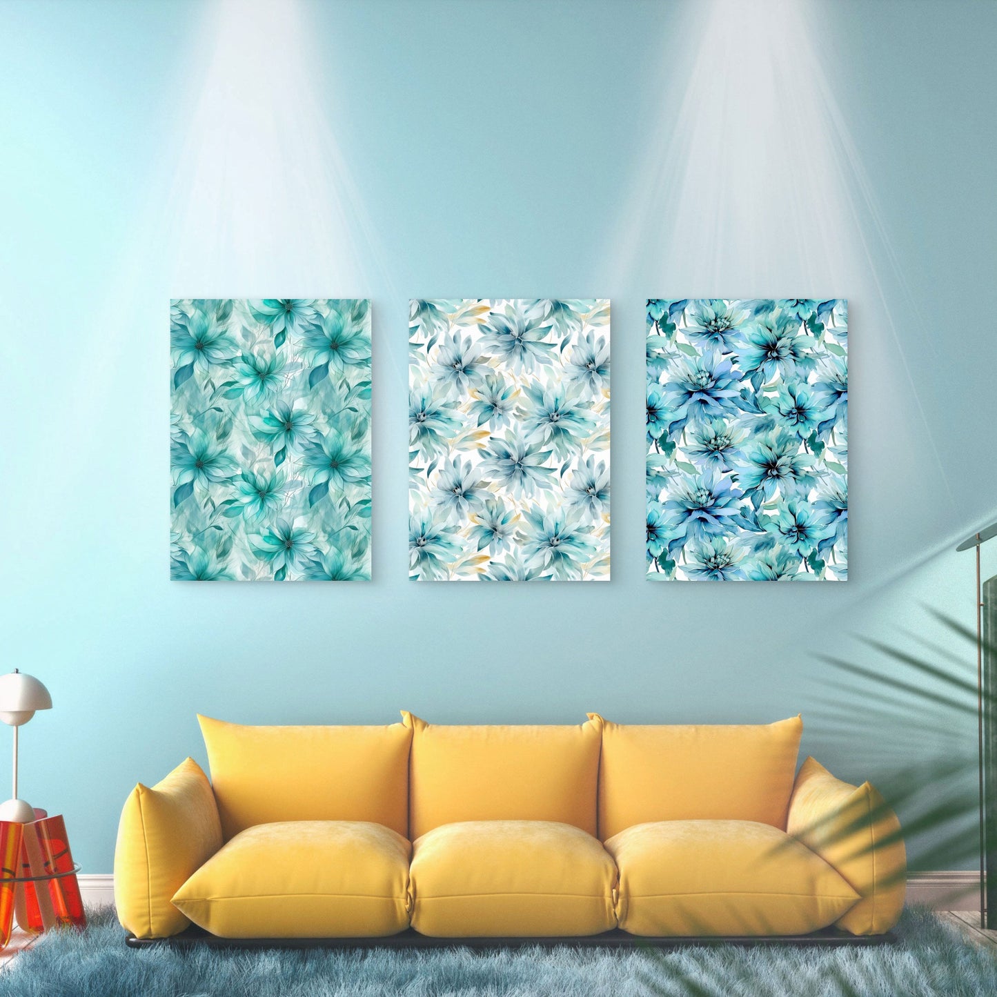 3pcs Blue Watercolor Floral Pattern Botanical Wall Art Set Canvas Framed 40x60cm - High Quality Print 100% Australian Made Wall Canvas Ready to Hang