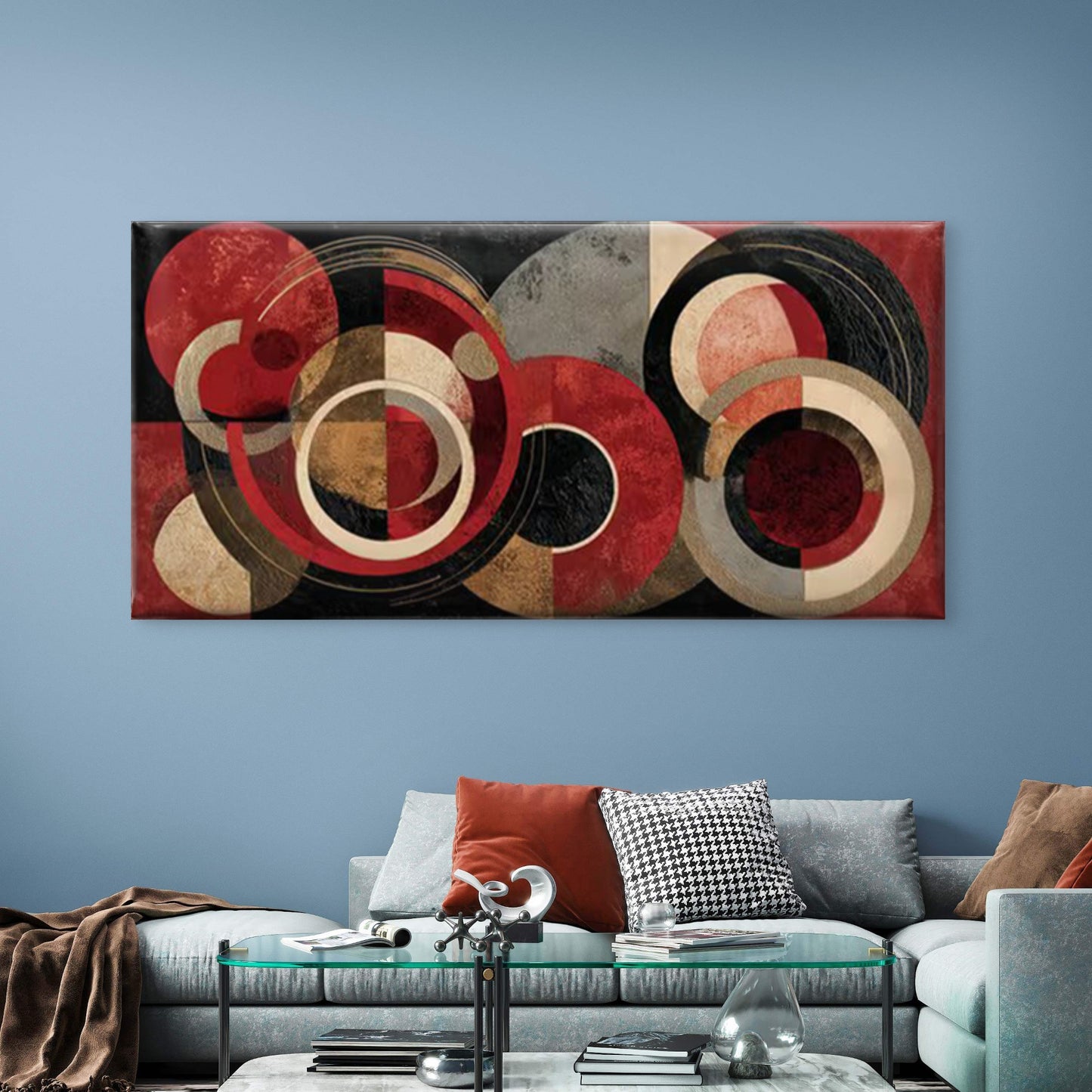 Abstract Circle Wall Art with Red Accent Wall Art Canvas Office Home Room Framed 120x60cm