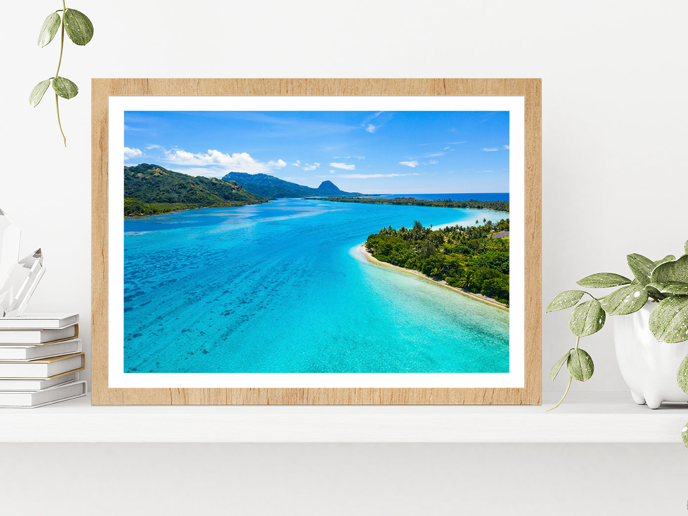 French Polynesia Tahiti island Glass Framed Wall Art, Ready to Hang Quality Print With White Border Oak