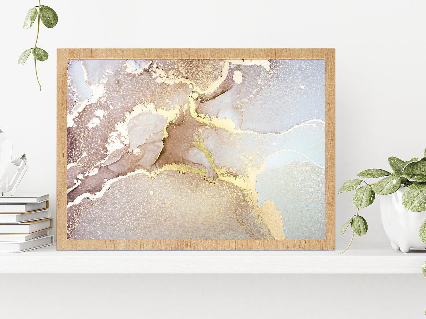 Gray Pink Gold Abstract Fluid Art Glass Framed Wall Art, Ready to Hang Quality Print Without White Border Oak