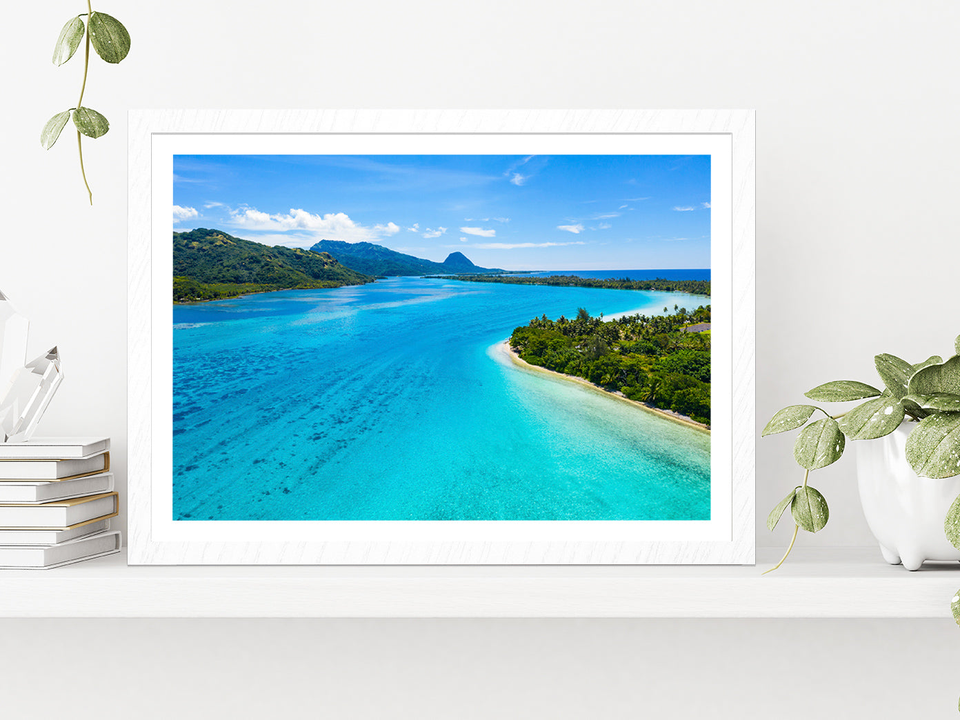 French Polynesia Tahiti island Glass Framed Wall Art, Ready to Hang Quality Print With White Border White