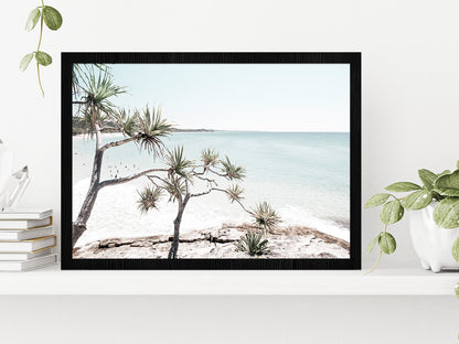 Trees on Rocks near Sea Faded Photograph Glass Framed Wall Art, Ready to Hang Quality Print Without White Border Black