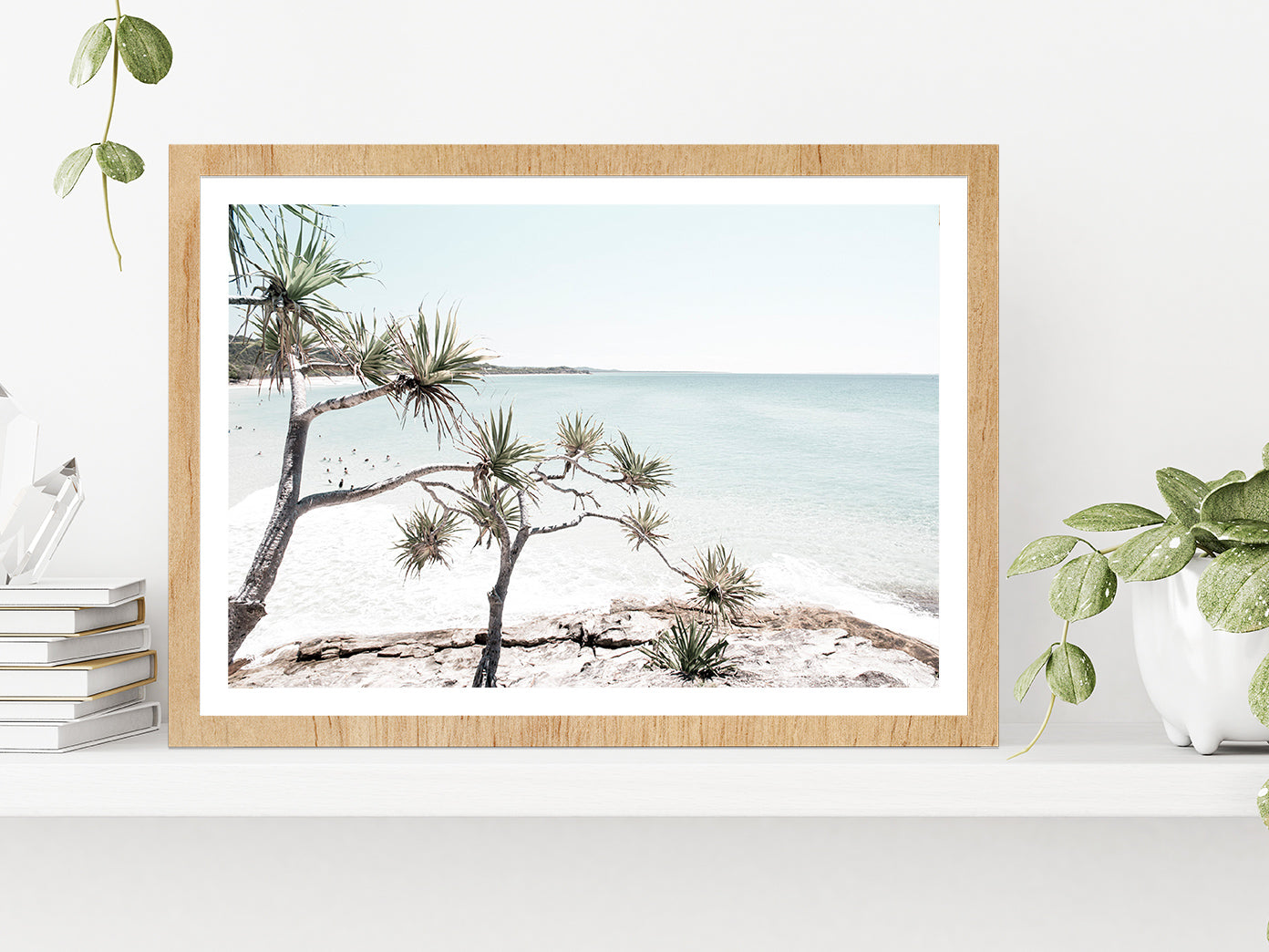 Trees on Rocks near Sea Faded Photograph Glass Framed Wall Art, Ready to Hang Quality Print With White Border Oak