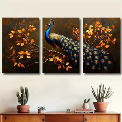 3pcs Peacock and Autumn Leaves Elegant Design Metal Print Ready to Hang Art