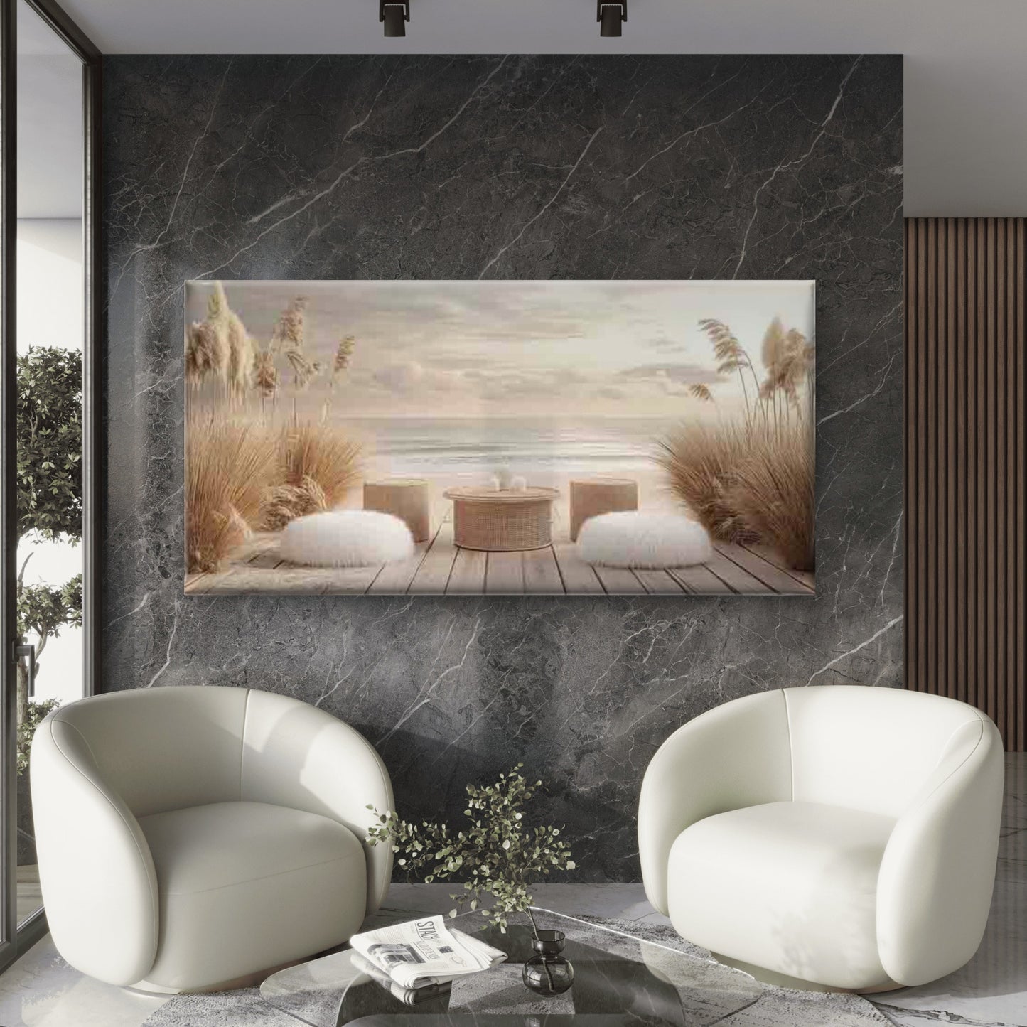 Serenity Scene with Wicker Wall Art Canvas Office Home Room Framed 120x60cm