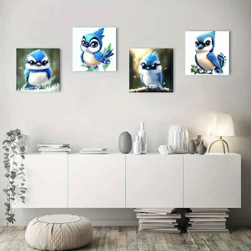 4pcs Vintage Abstract Blue & White Bird Canvas Wall Art Canvas Framed