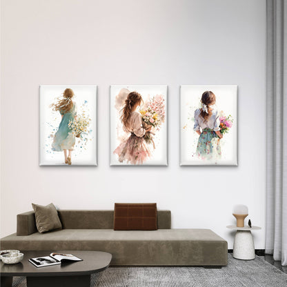 3pcs Shabby Chic Watercolor Woman Painting  Wall Art Set Canvas Framed 50x70cm - High Quality Print 100% Australian Made Wall Canvas Ready to Hang
