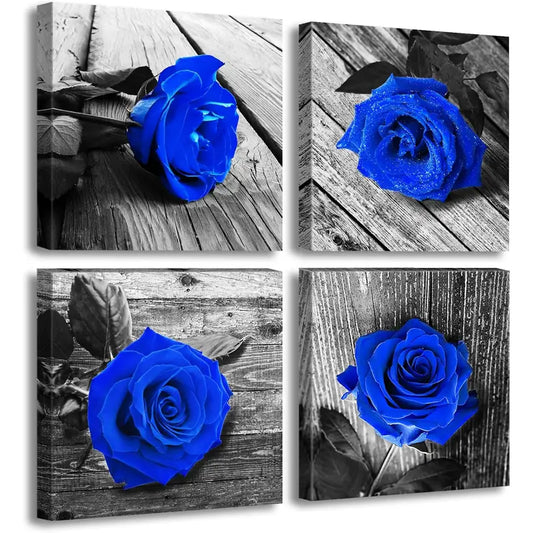 4pcs Royal Blue Rose Pictures & Gray Print Wall Art Canvas Framed