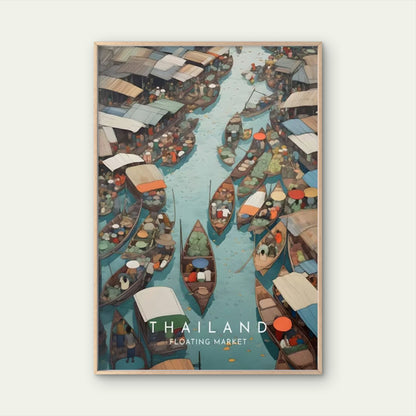 Thailand Floating Market Painting Travel Poster Print Wall Art