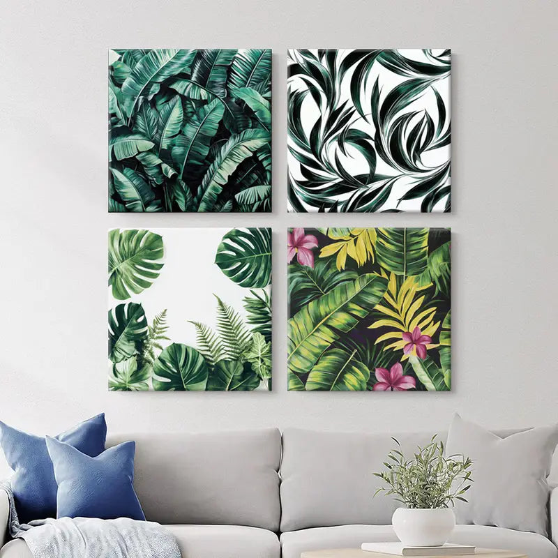 4pcs Tropical Leave  Circle  Greenery Pattern Wall Art Canvas Framed