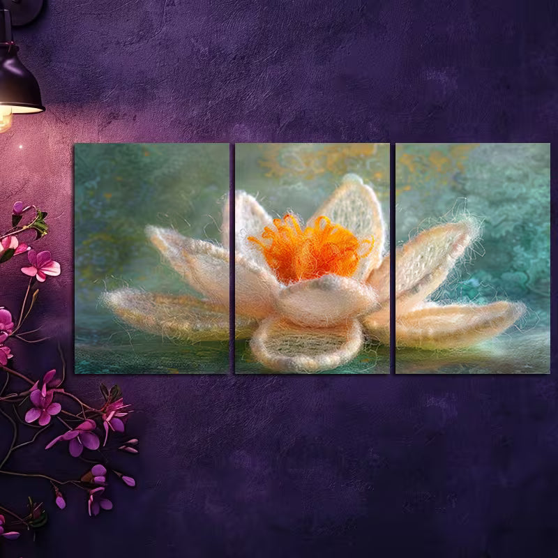 3pcs Orange & White Lotus with Green Background Wall Art Set Canvas Framed 40x60cm - High Quality Print 100% Australian Made Wall Canvas Ready to Hang