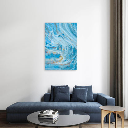 Blue And White Water Splash With Gold Accents Abstract 60x90cm Metal Print Ready to Hang