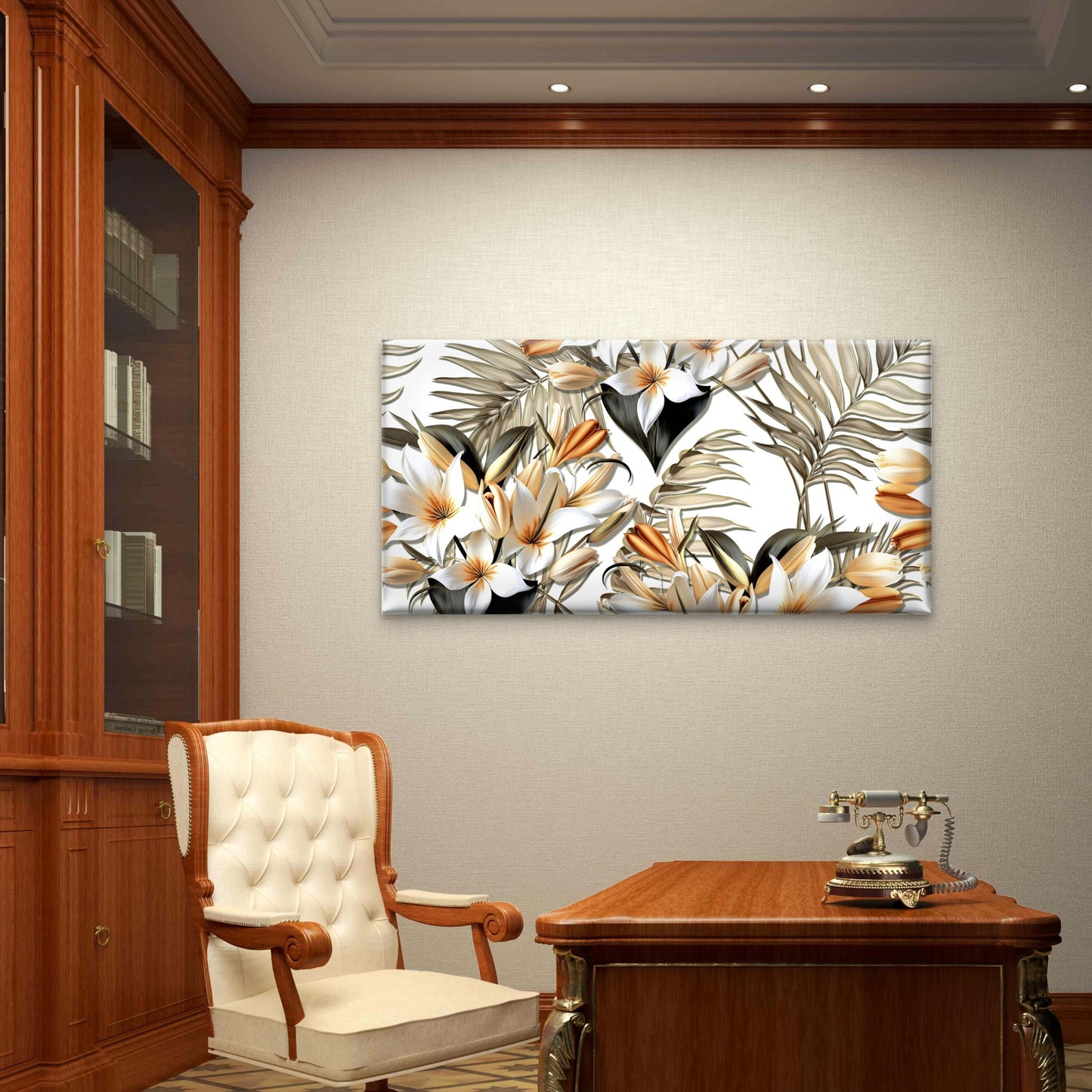 Tropical White Lily Orange Buds Beige Palm Leaves Wall Art Canvas Office Home Framed 120x60cm