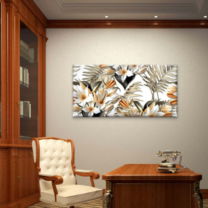 Tropical White Lily Orange Buds Beige Palm Leaves Wall Art Canvas Office Home Framed 120x60cm