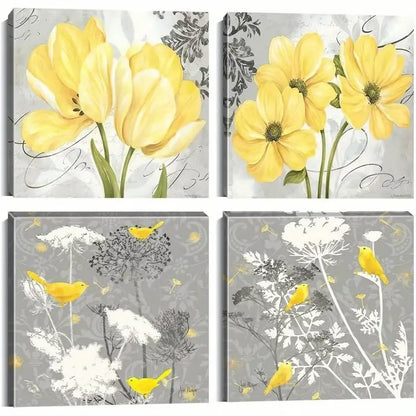 4pcs Yellow Gray Picture Wall Art Canvas Framed