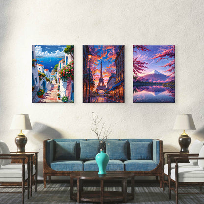 3pcs Paris Eiffel Tower Greece Mount Fuji Japan  Wall Art Set Canvas Framed 50x70cm - High Quality Print 100% Australian Made Wall Canvas Ready to Hang