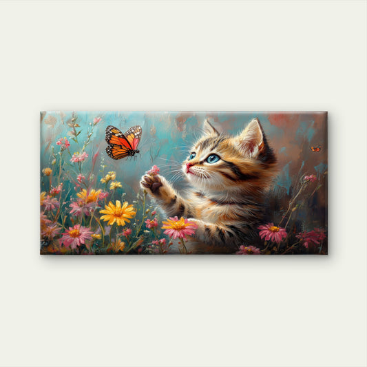 Cute Tabby Kitten Butterfly Flower Wall Art Canvas Office Home Framed 120x60cm