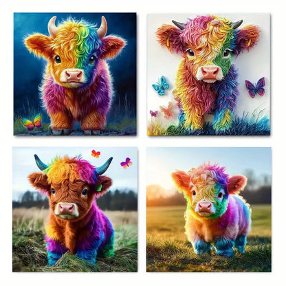 4pcs Highland Cow ButterflyWall Art Canvas Framed