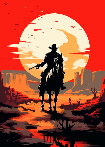 Outlaw Cowboy Desert Sunset 40x60cm Metal Print Ready to Hang - Bella Home Decor
