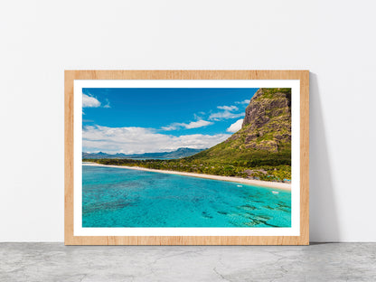 Le Morne Mountain In Island Beach Glass Framed Wall Art, Ready to Hang Quality Print With White Border Oak