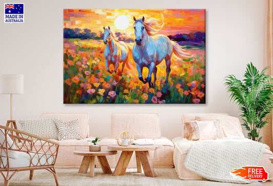 Pair of Horses Running in Colorful Flower Field Painting Wall Art Limited Edition High Quality Print