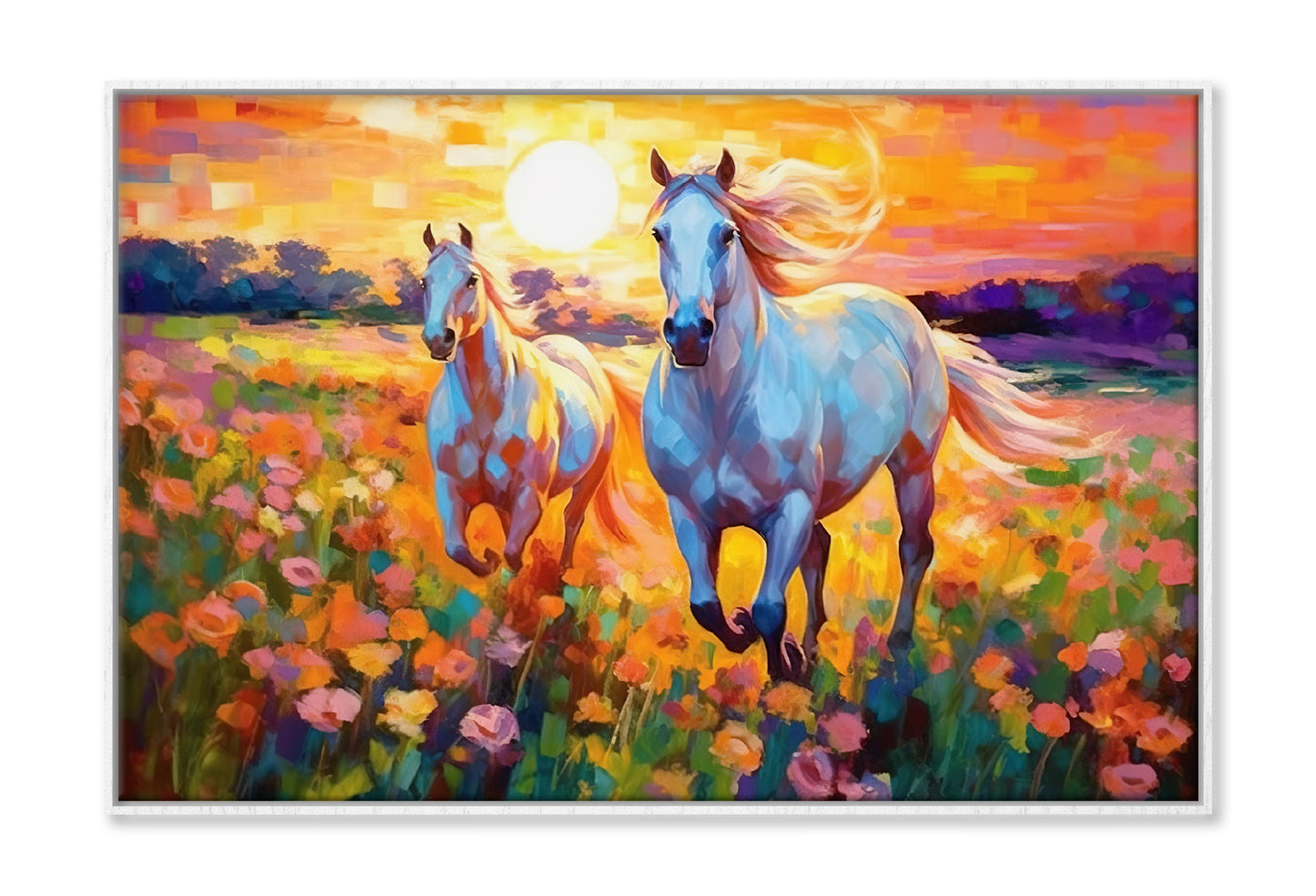 Pair of Horses Running in Colorful Flower Field Painting Wall Art Limited Edition High Quality Print Canvas Box Framed White