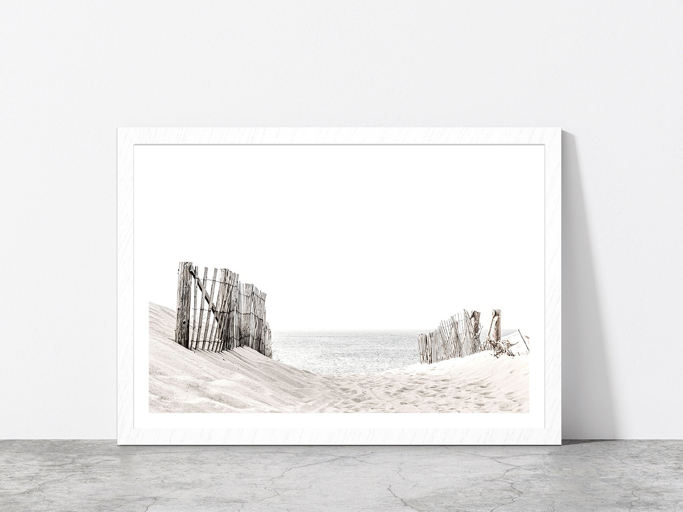 Beach Fence on Sandshore Faded Photograph Glass Framed Wall Art, Ready to Hang Quality Print With White Border White