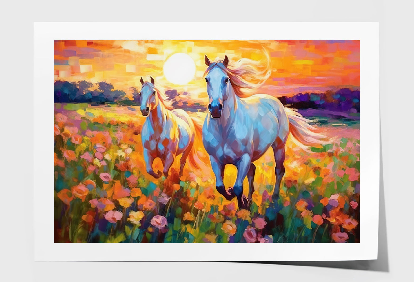 Pair of Horses Running in Colorful Flower Field Painting Wall Art Limited Edition High Quality Print Unframed Roll Canvas None