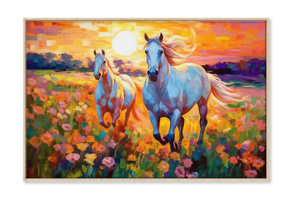 Pair of Horses Running in Colorful Flower Field Painting Wall Art Limited Edition High Quality Print Canvas Box Framed Natural