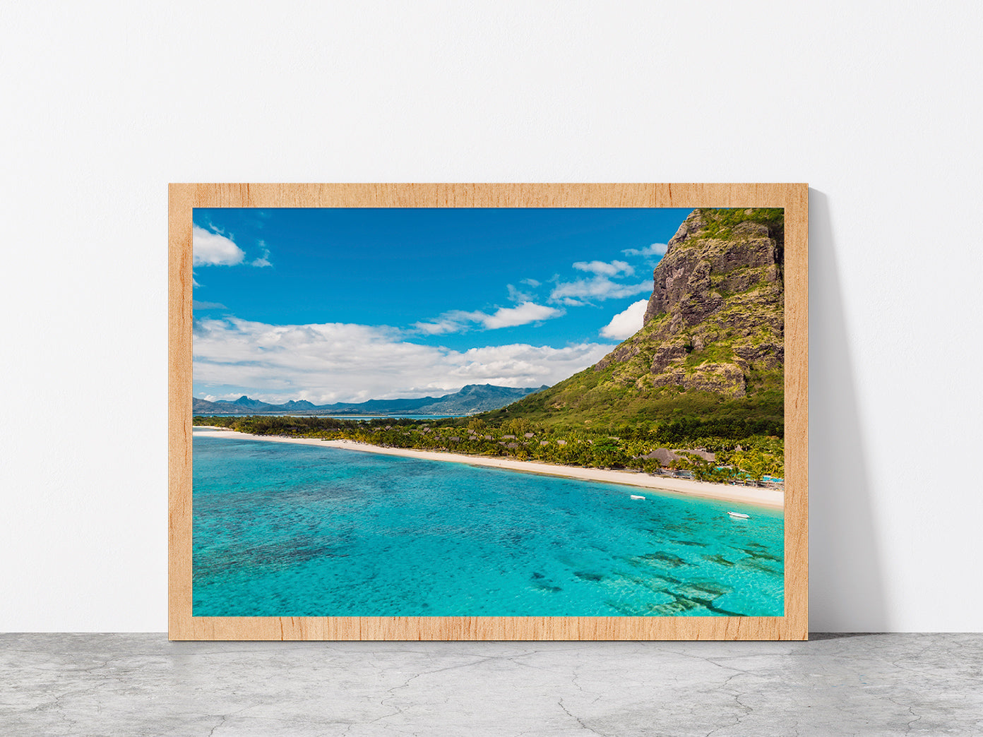 Le Morne Mountain In Island Beach Glass Framed Wall Art, Ready to Hang Quality Print Without White Border Oak