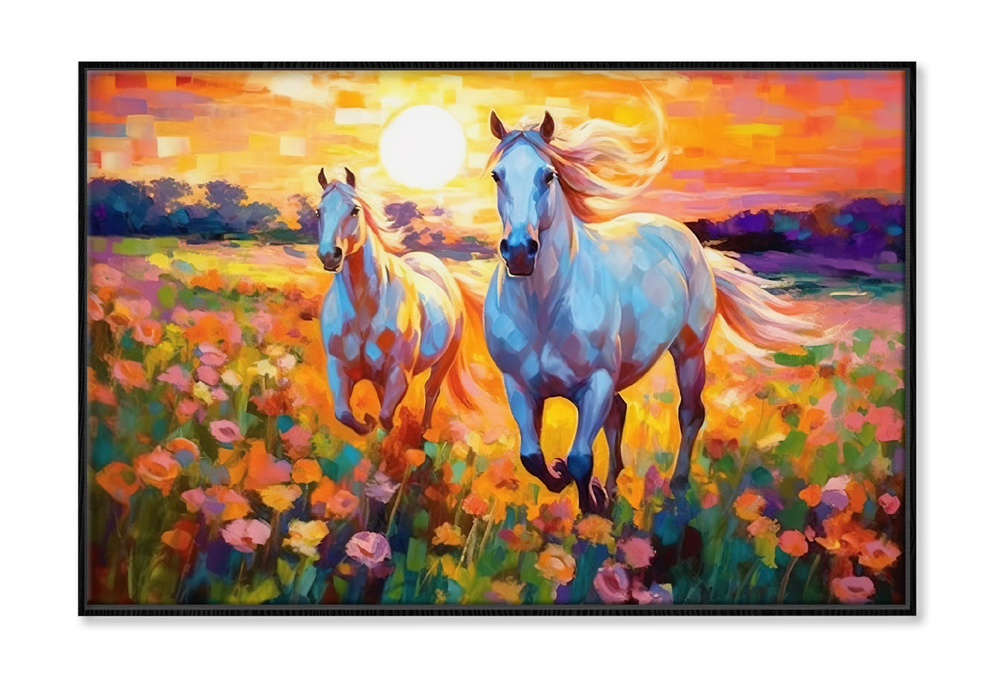 Pair of Horses Running in Colorful Flower Field Painting Wall Art Limited Edition High Quality Print Canvas Box Framed Black