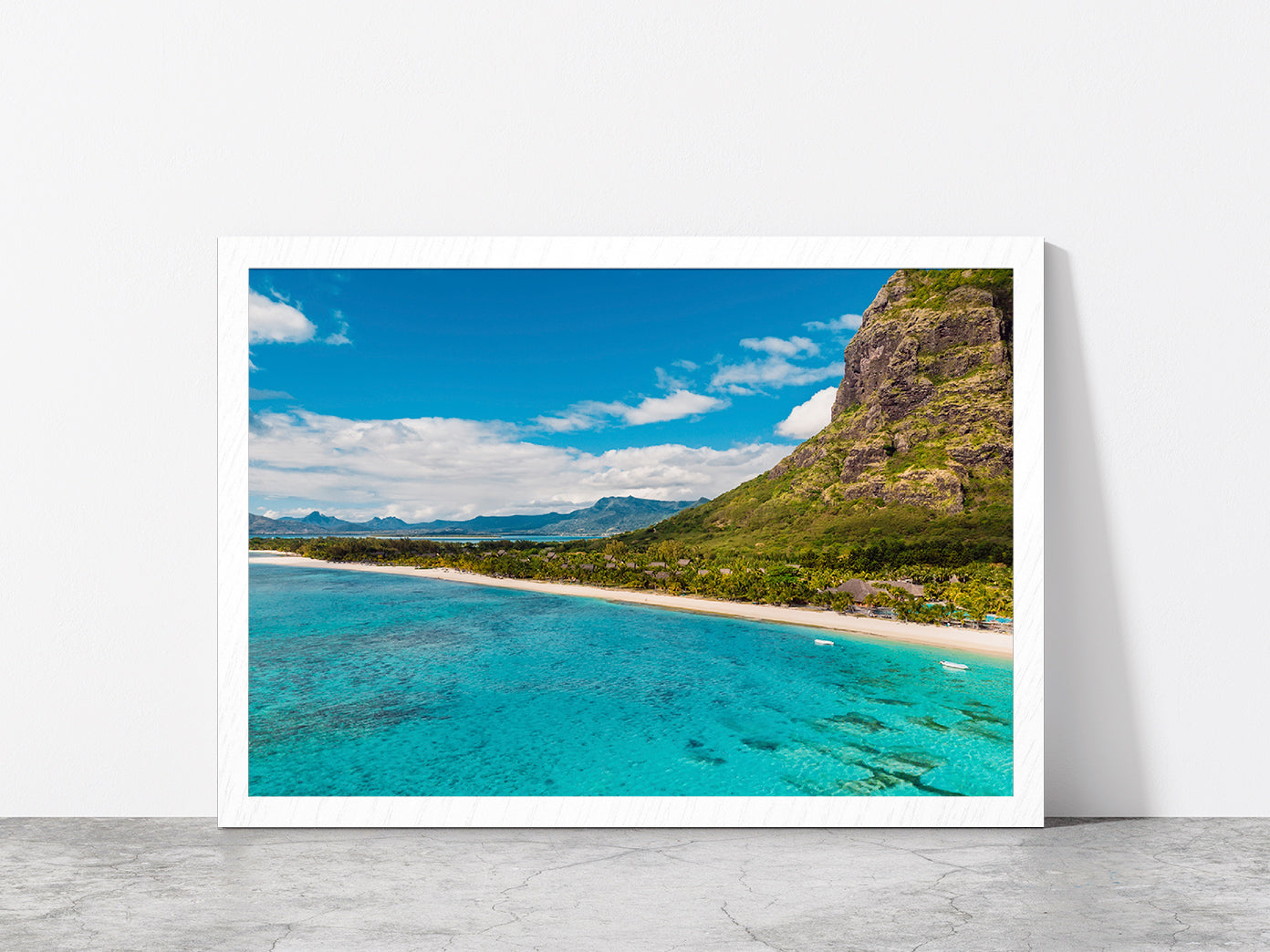 Le Morne Mountain In Island Beach Glass Framed Wall Art, Ready to Hang Quality Print Without White Border White