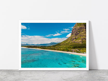 Le Morne Mountain In Island Beach Glass Framed Wall Art, Ready to Hang Quality Print Without White Border White