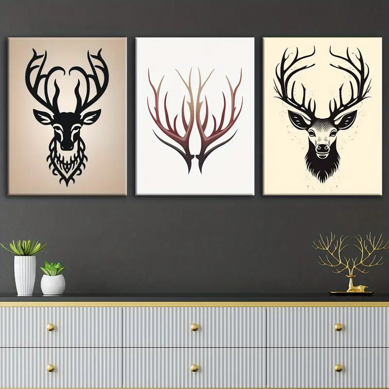 3pcs Deer Head Contemporary Design Metal Print Ready to Hang Art - Bella Home Decor