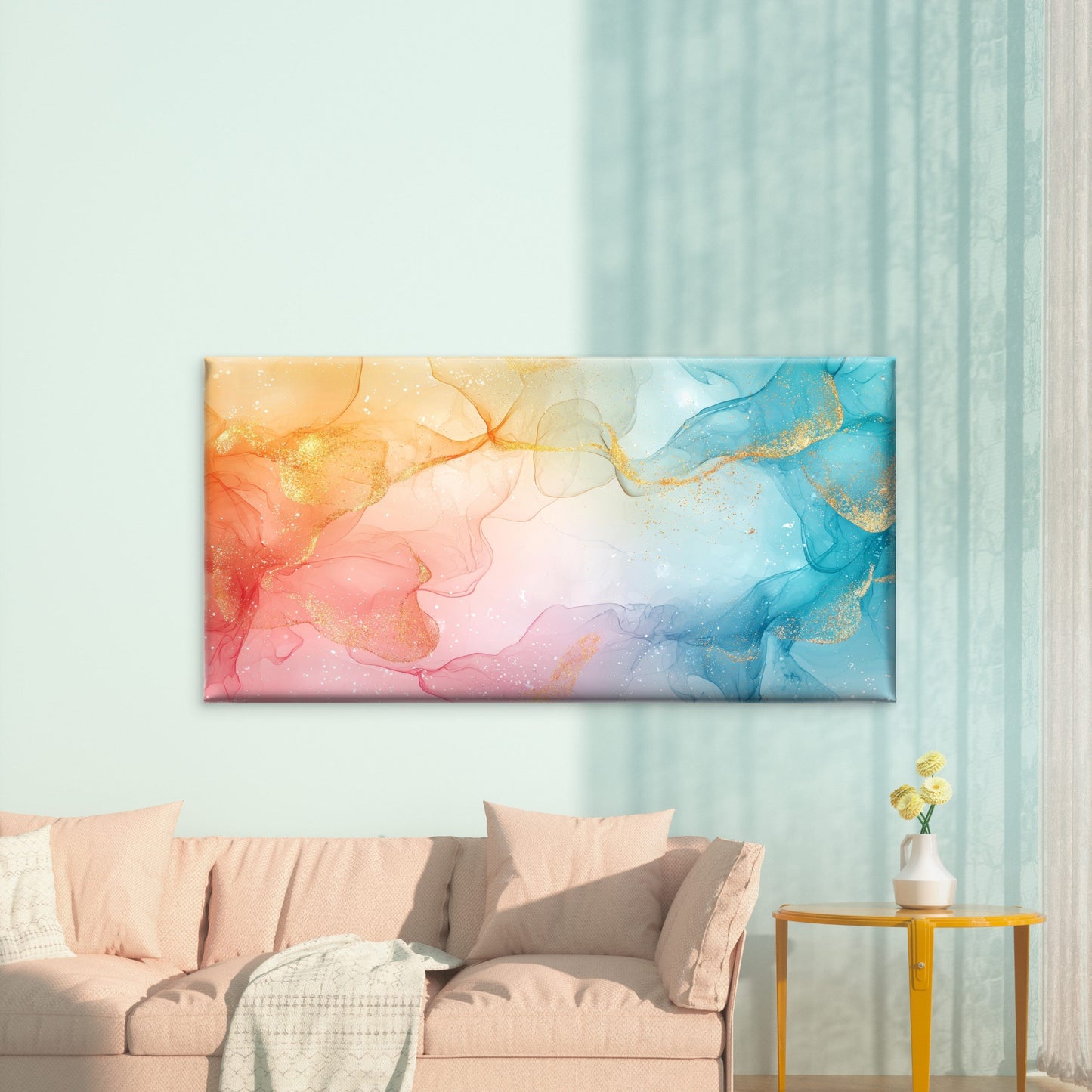 Golden Flow Through Pastels Wall Art Canvas Office Home Room Framed 120x60cm - Bella Home Decor