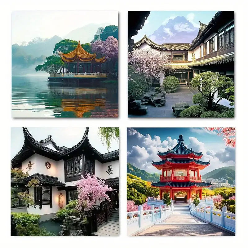 4pcs Cherry Blossom River Cottag Art Wall Art Canvas Framed