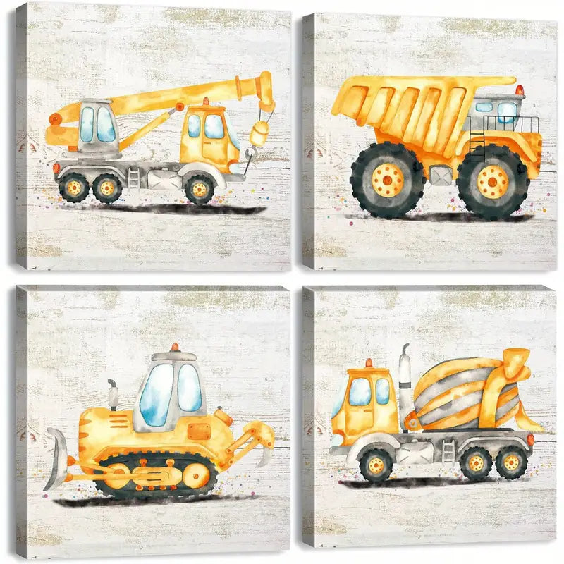 4pcs Truck, Tractor, Digger & Excavator Designs Wall Art Canvas Framed - Bella Home Decor