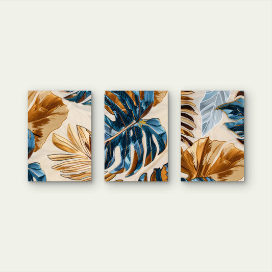 3pcs Blue And Gold Embroidered Tropical Palm Leaves Monstera Wall Art Set Canvas Framed 50x70cm- High Quality Print 100% Australian Made Wall Canvas Ready to Hang