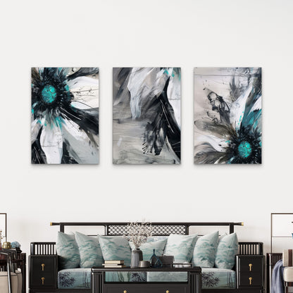 3pcs Abstract Teal Black White Flower Painting   Wall Art Set Canvas Framed 40x60cm - High Quality Print 100% Australian Made Wall Canvas Ready to Hang