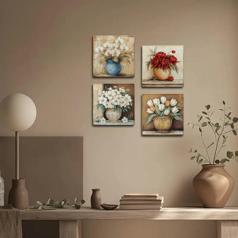 4pcs Flower Vase With Red And White Flowers Wall Art Canvas Framed